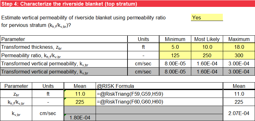 Step 4 of BT Case 5 worksheet: Probabilistic input using @RISK for permeability ratio as input.